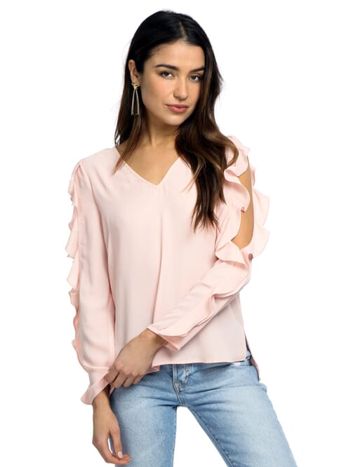 1.STATE Ruffle Cold Shoulder Top in Shadow Pink FashionPass