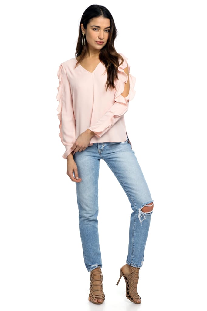 1.STATE Ruffle Cold Shoulder Top in Shadow Pink