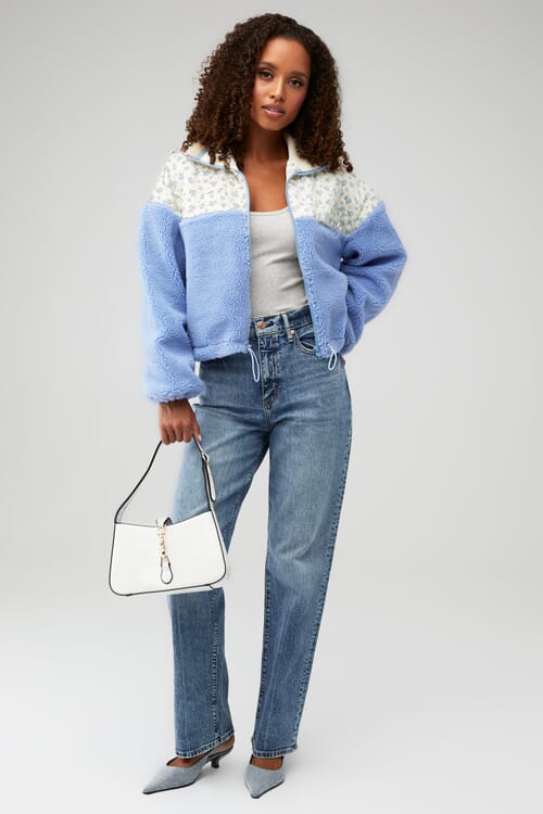 For Love & Lemons | Saide Floral Fleece Jacket in Blue| FashionPass