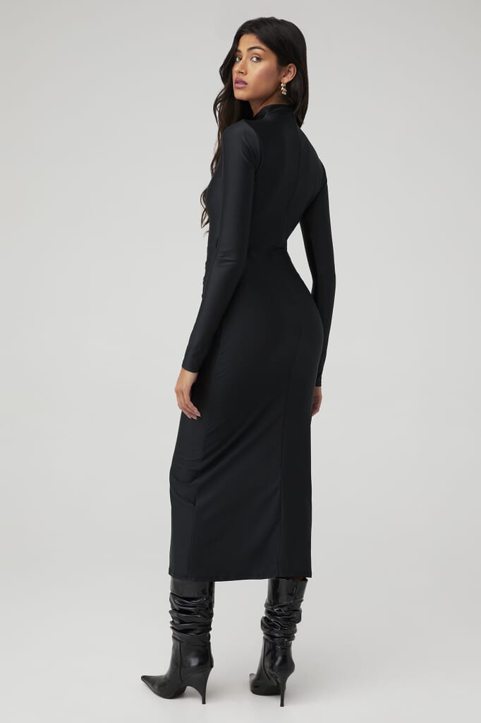 Good American | Satin Shine Funnel Neck Midi Dress in Black001| FashionPass