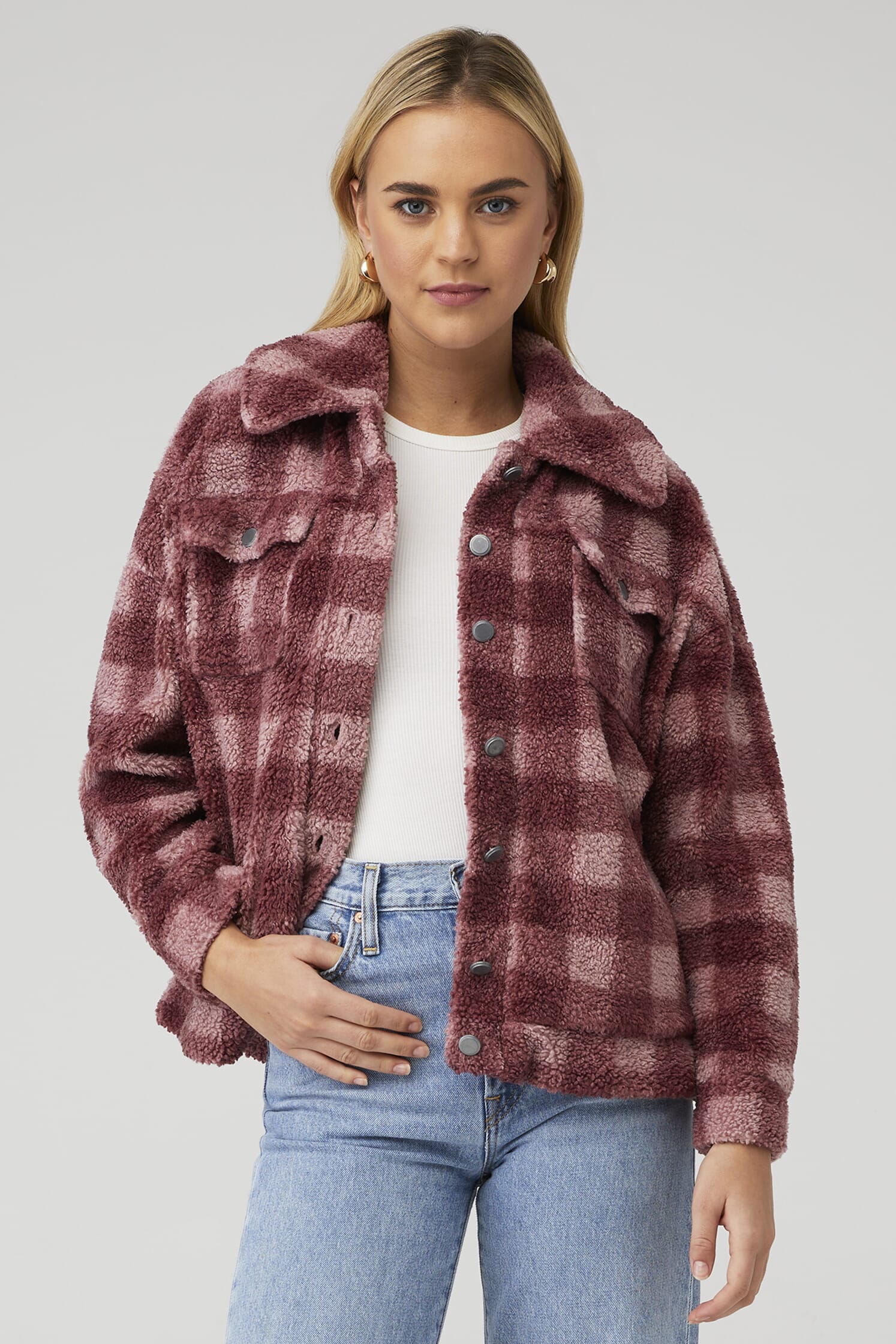 BEACH RIOT | Sherpa Jacket in Rose Buffalo Check | FashionPass