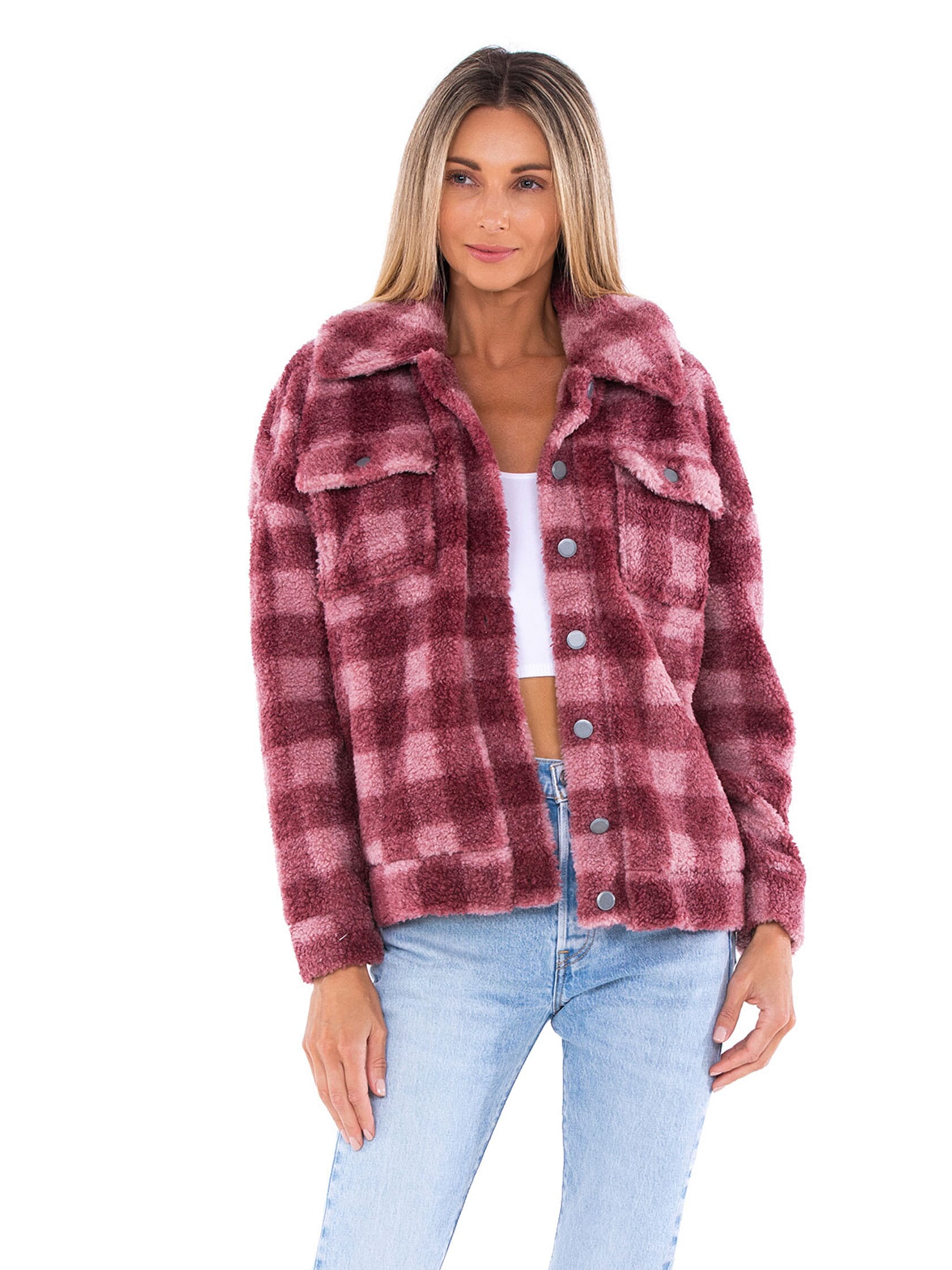 BEACH RIOT | Sherpa Jacket in Rose Buffalo Check | FashionPass