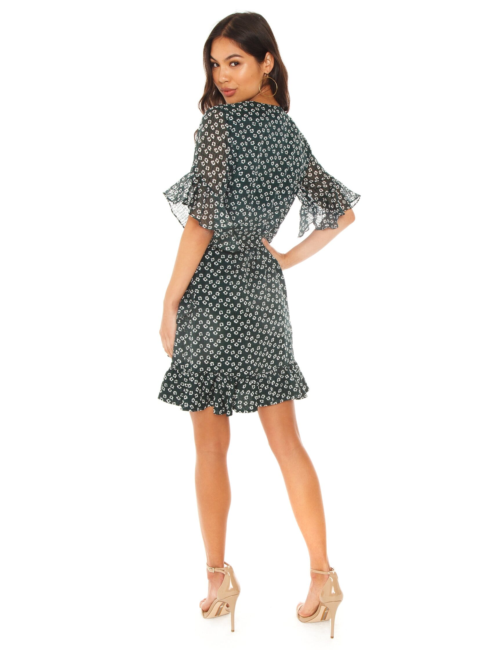 1.STATE Short Sleeve Flounce Flower Etching Wrap Dress in Cyprus Pine