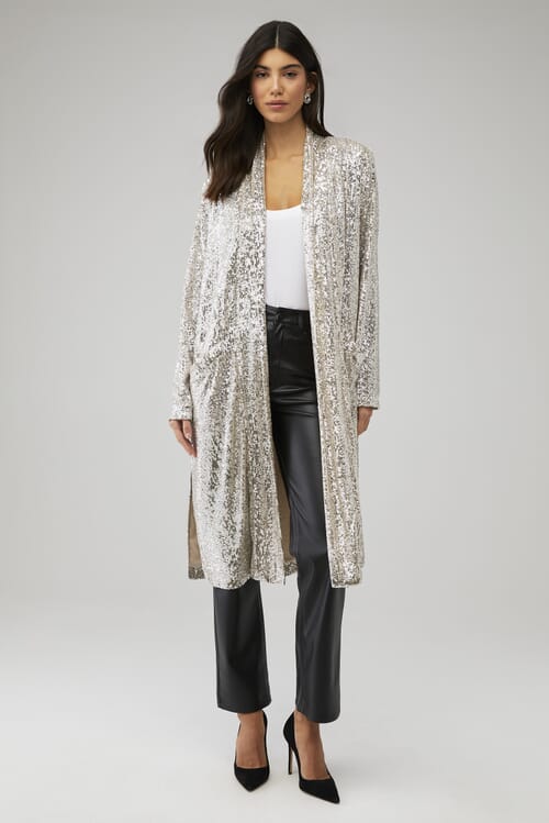 silver sequin duster coat