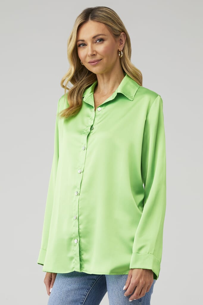 Show Me Your Mumu | Smith Button Down in Bright Green Luxe Satin ...