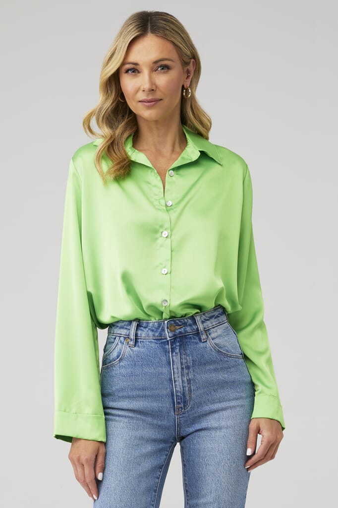 Show Me Your Mumu | Smith Button Down in Bright Green Luxe Satin ...
