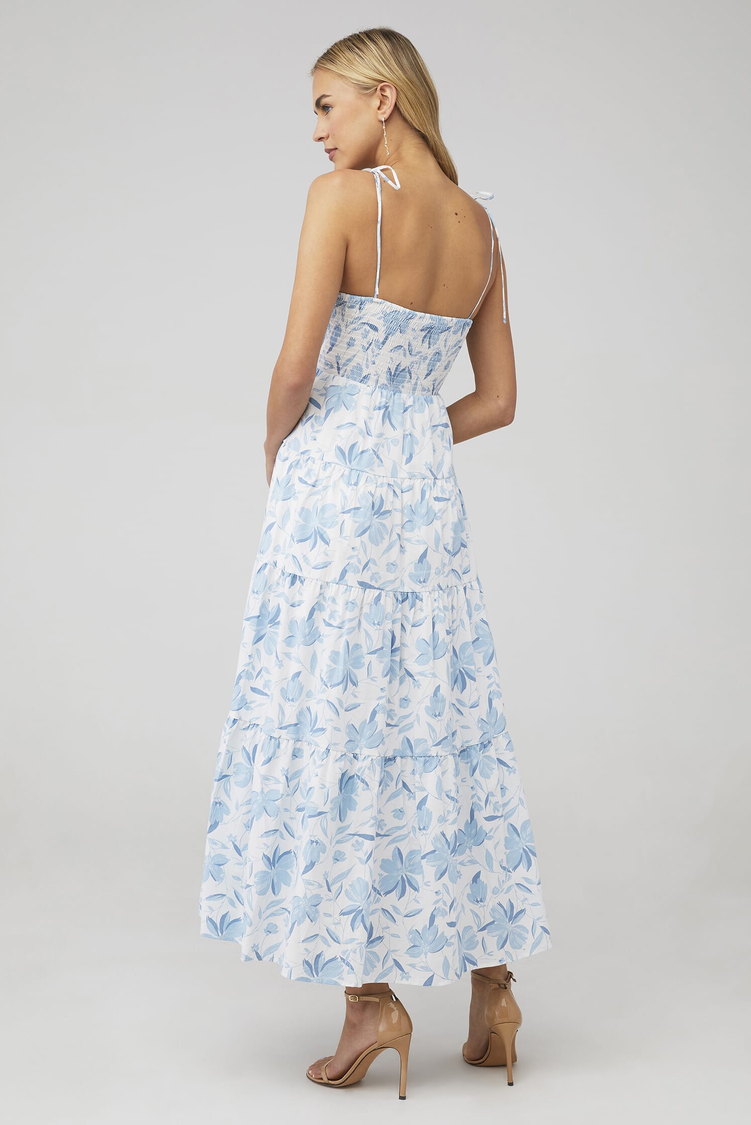 WAYF | Smocked Cupped Tiered Maxi Dress in Blue Wildflower| FashionPass