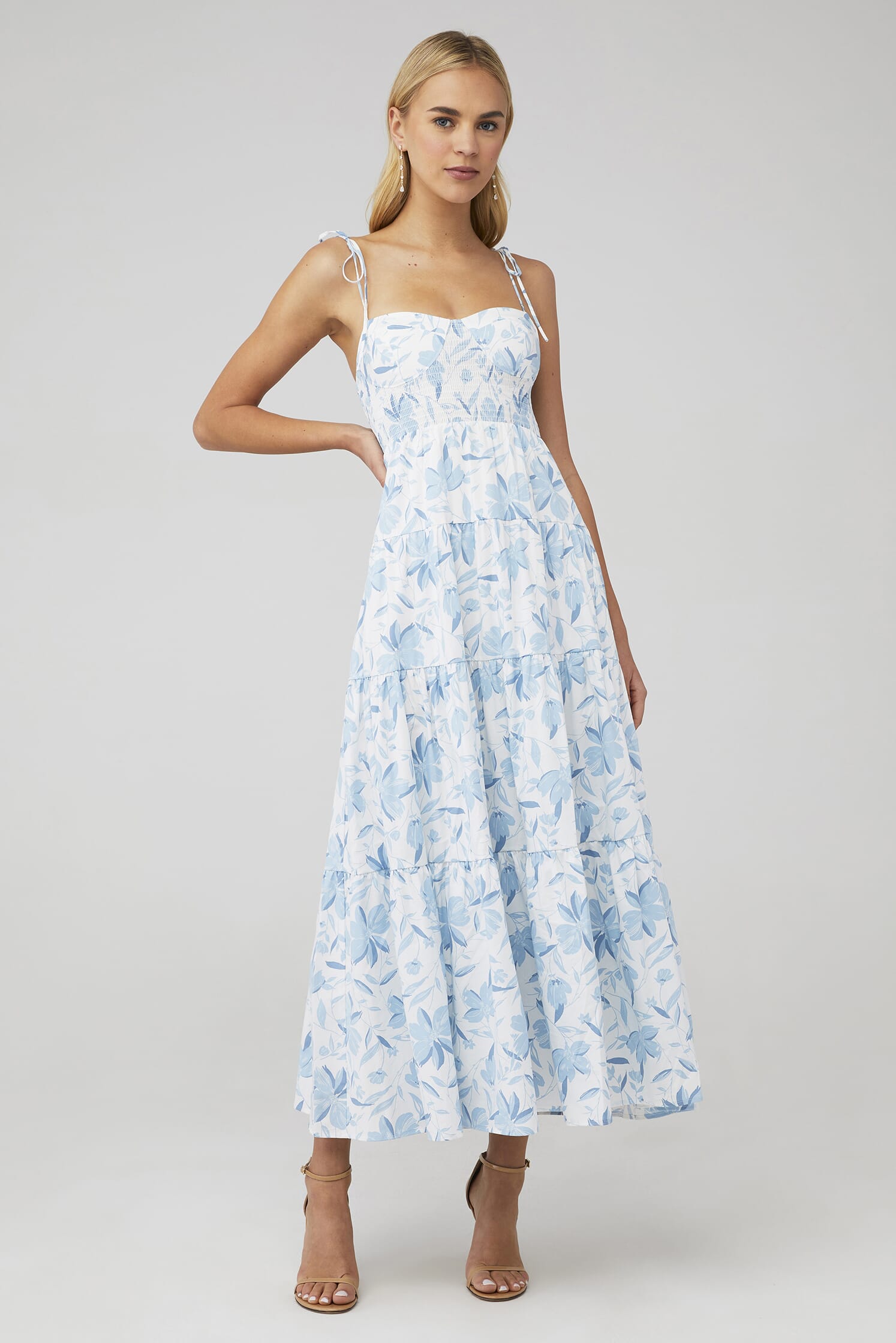 WAYF, Smocked Cupped Tiered Maxi Dress in Blue Wildflower