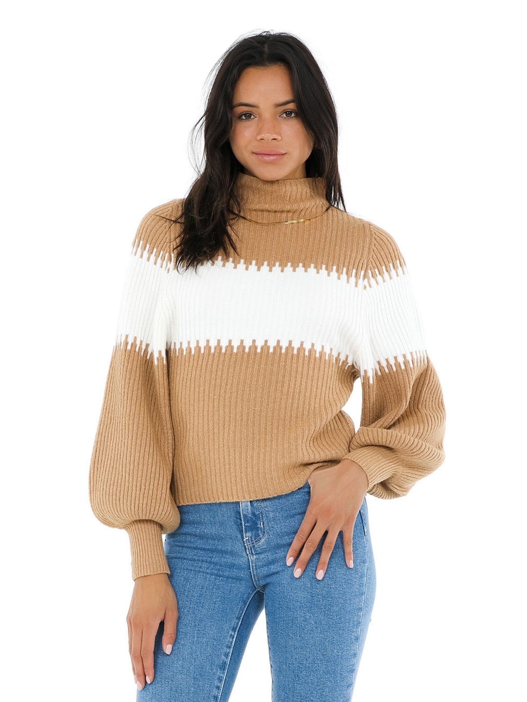 French Connection Sofia Knits Balloon Sleeve Jumper in Camel/White