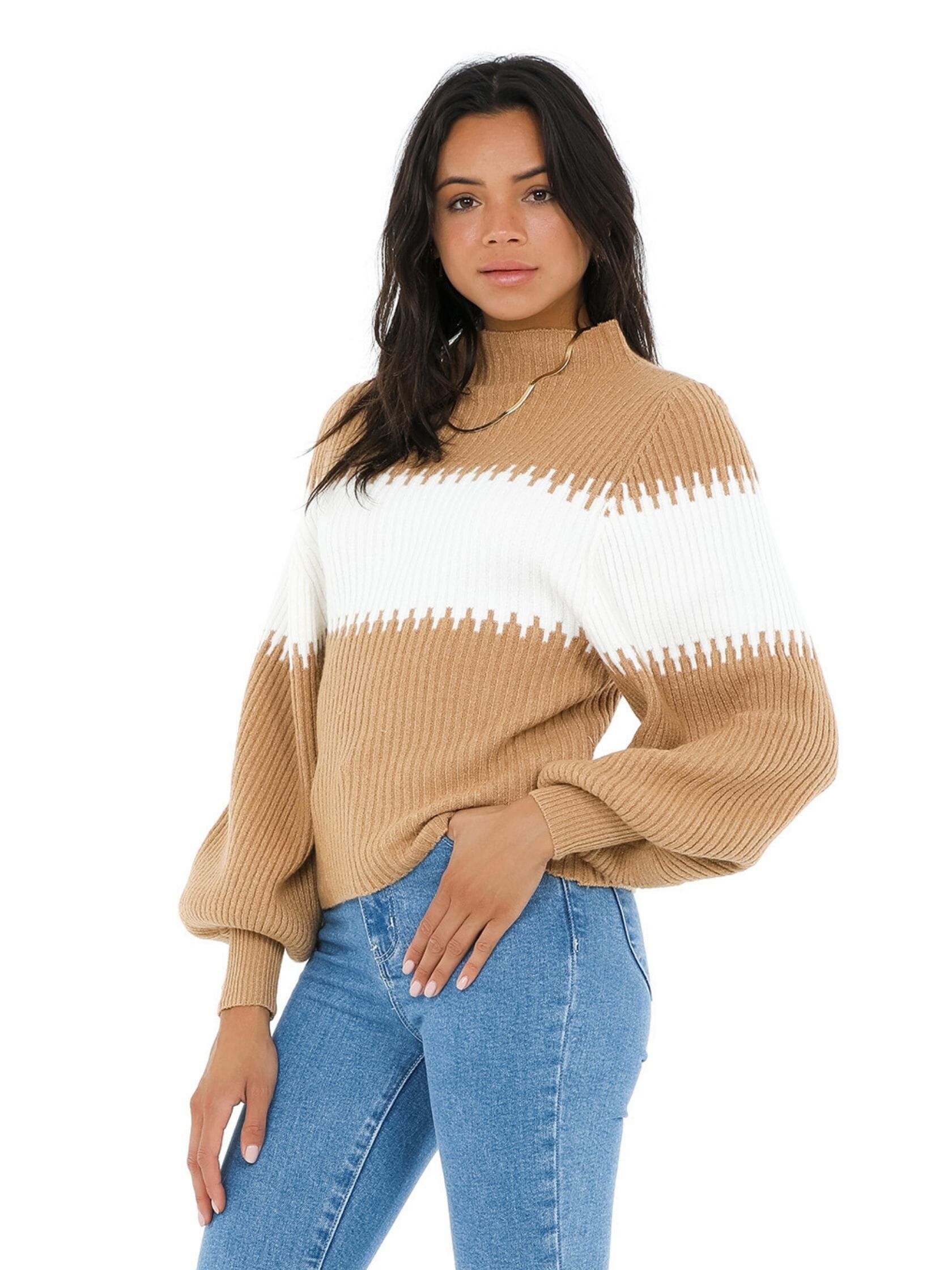 French Connection Sofia Knits Balloon Sleeve Jumper in Camel/White