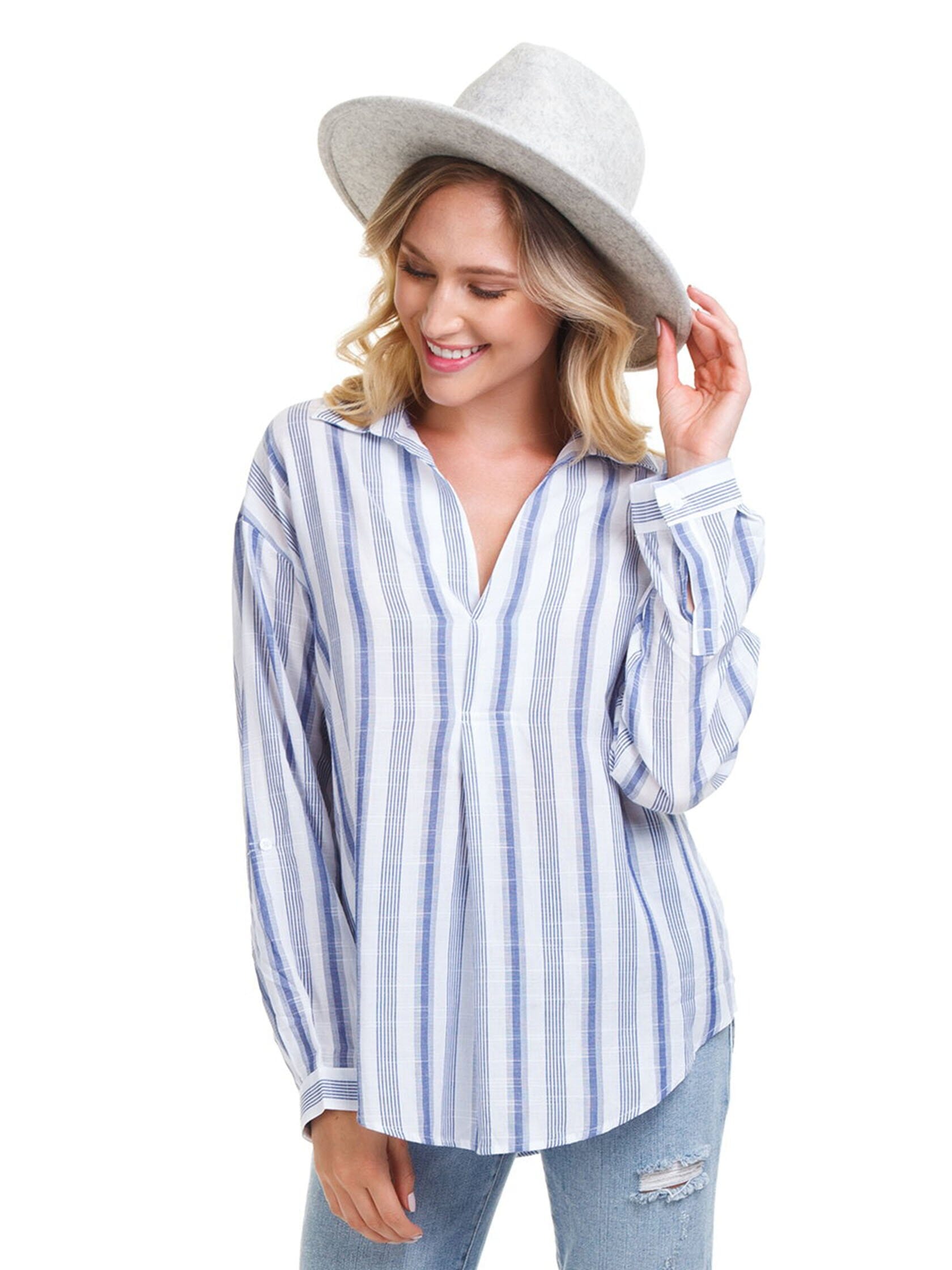 FashionPass Striped Popover Shirt in Blue/White