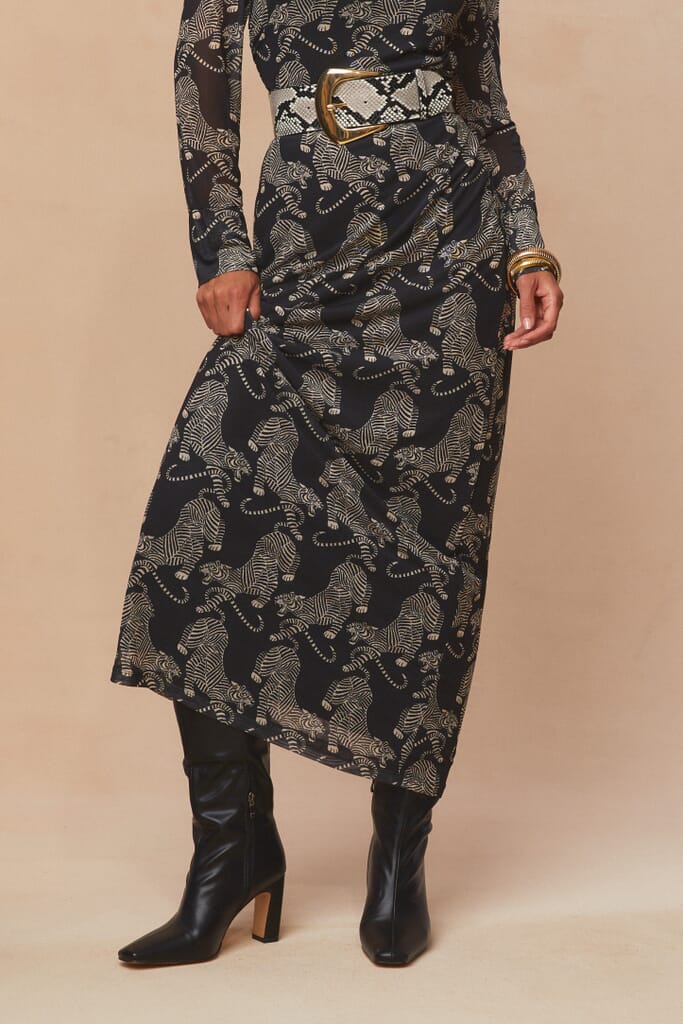 FARM RIO | Striped Tigers Black Tulle Midi Skirt in Striped Tigers ...