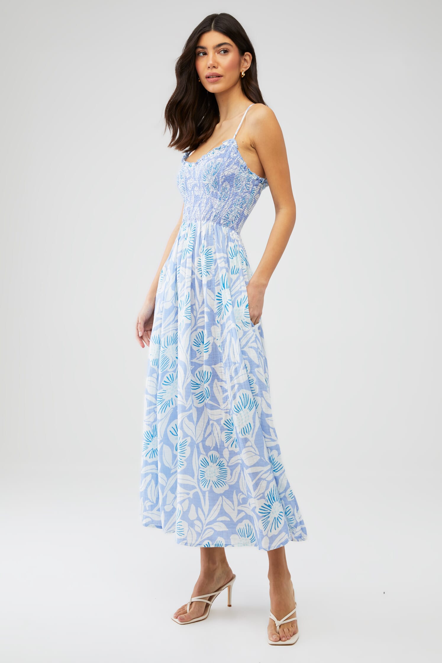 free people blue midi dress Free People Long Live Printed Mesh Sl - Blue Combo