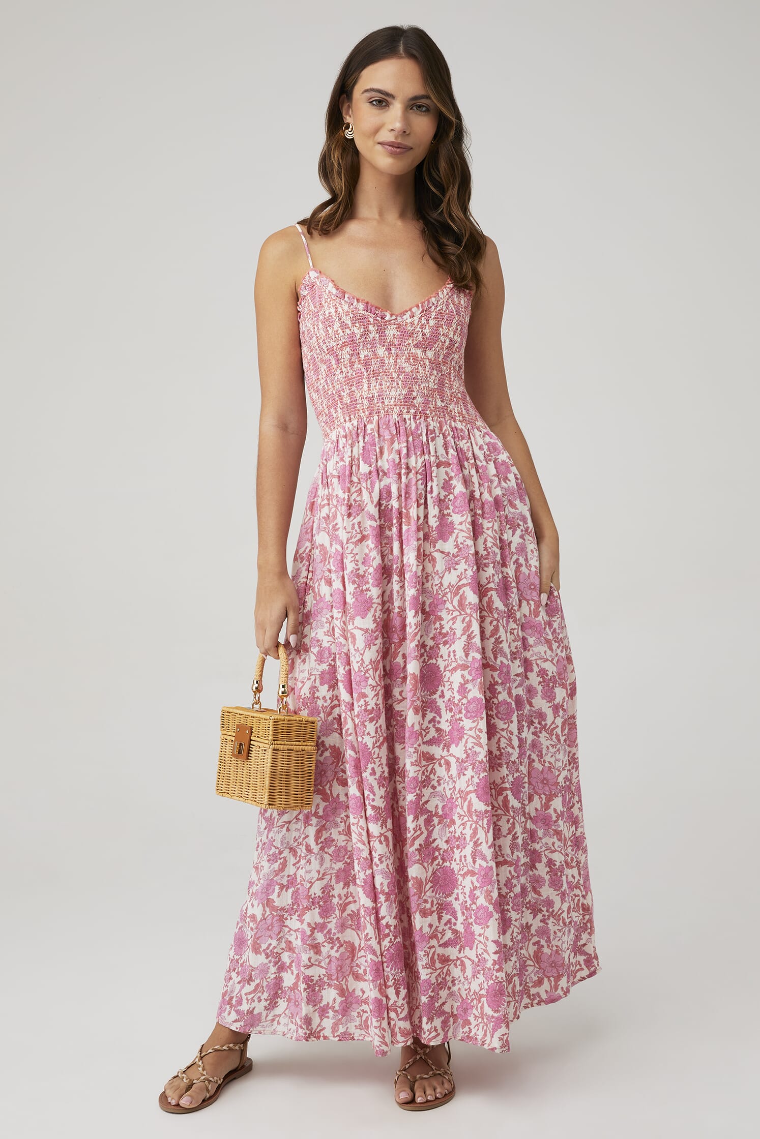 knee length dresses for ladies Japan Pink Floral Summer Wrap Style Midi Dress – Love main image 1