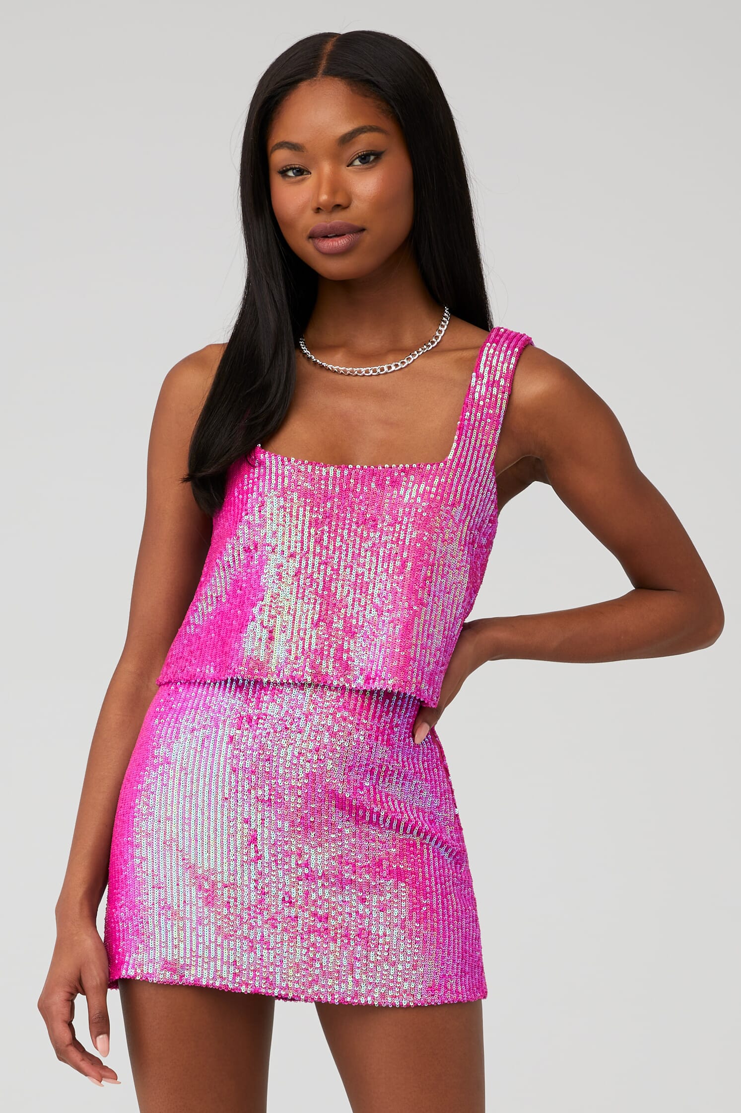 Show Me Your Mumu Tara Crop Top in Pink Disco Sequin | FashionPass