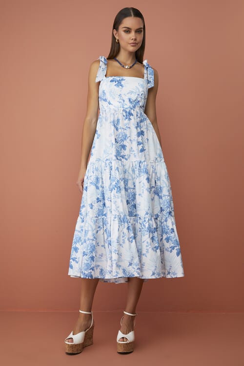 blue and white tie shoulder dress Tie Shoulder Fishtail Hem Floral Print Prom Dress, White / XS main image 0