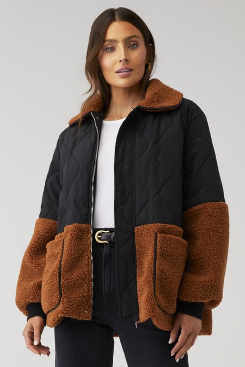 Blank NYC | Toasty Vibes Jacket in Black/Rust Sherpa| FashionPass