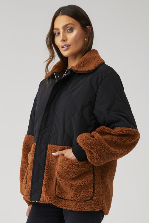 Blank NYC | Toasty Vibes Jacket in Black/Rust Sherpa| FashionPass