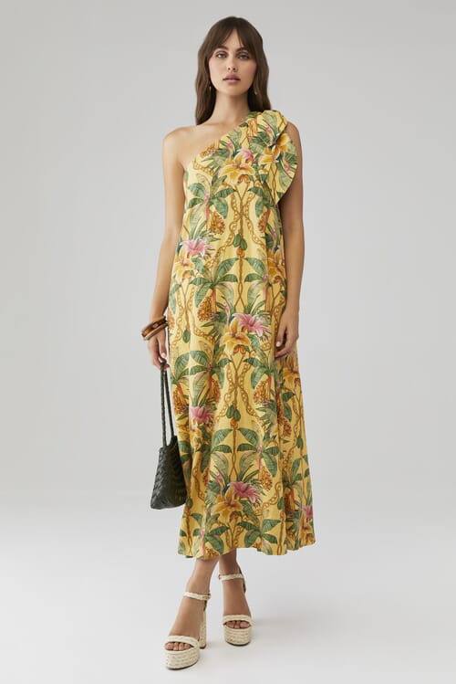 green emerald velvet dress Striped Monstera Leaf Sleeveless Midi Dress by Farm Rio – Mimi Seabrook main image 1