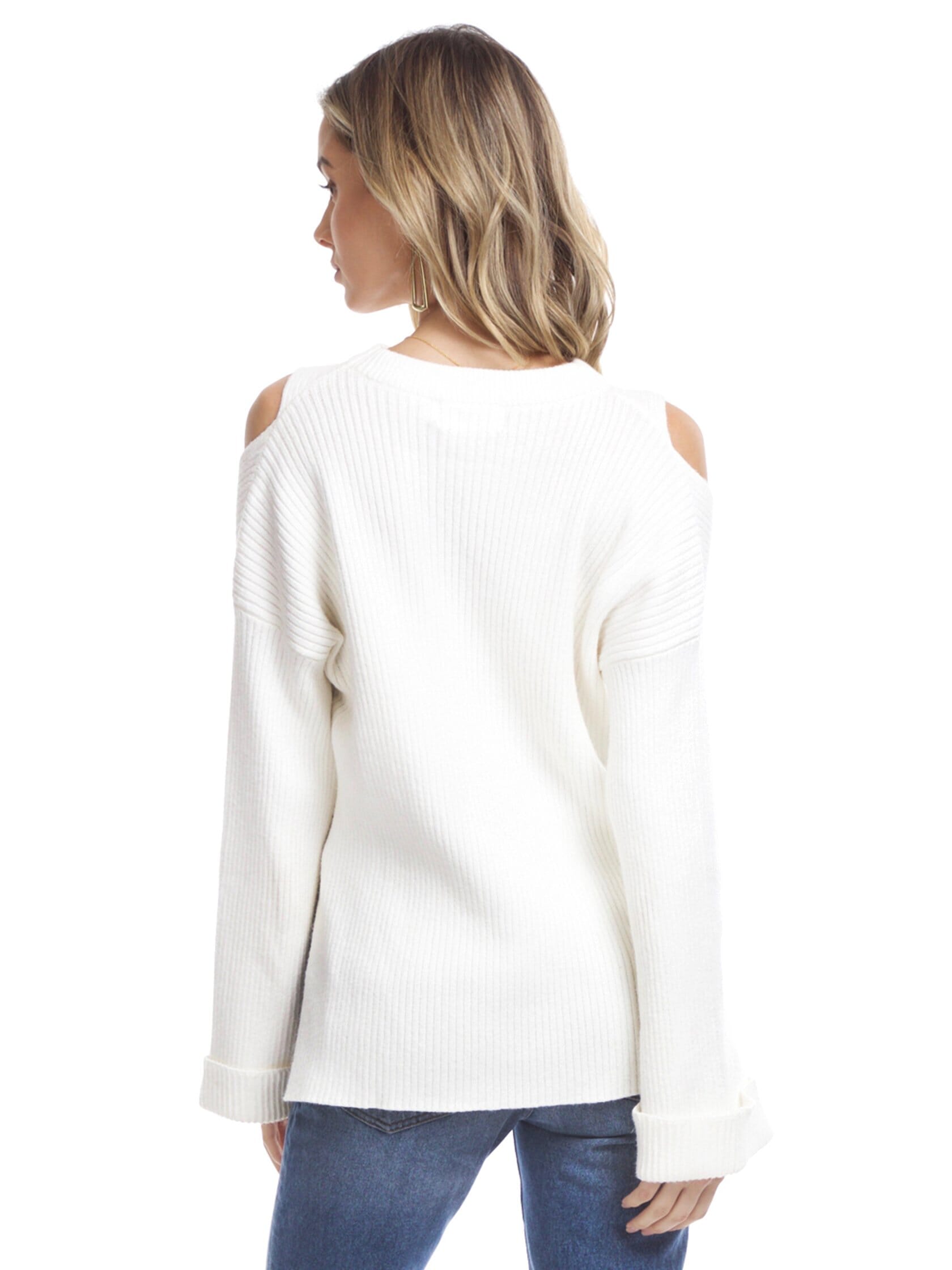 Line & Dot Trou Cold Shoulder Sweater in Ivory