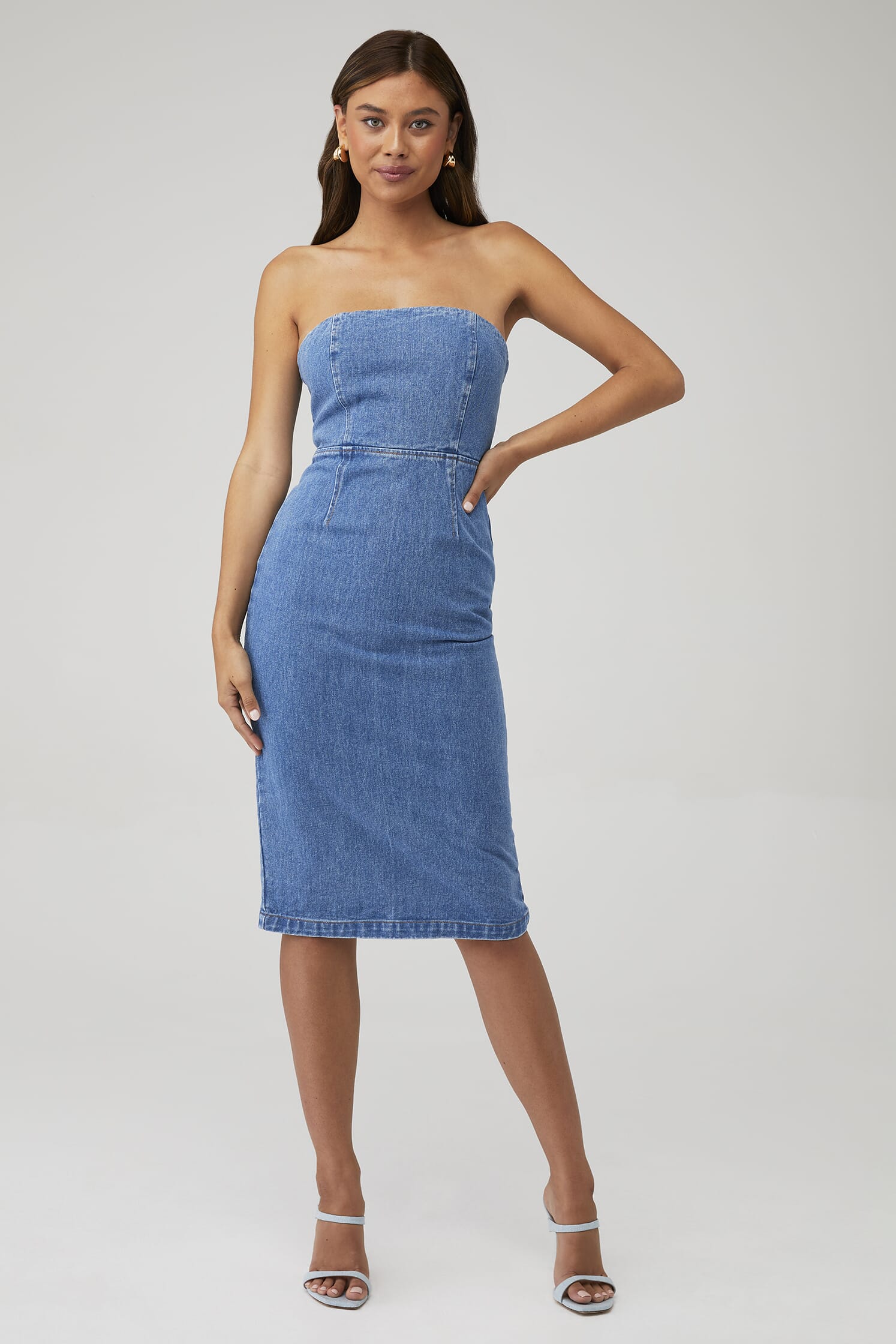 denim dress bardot Martel Denim Midi Dress In Dark