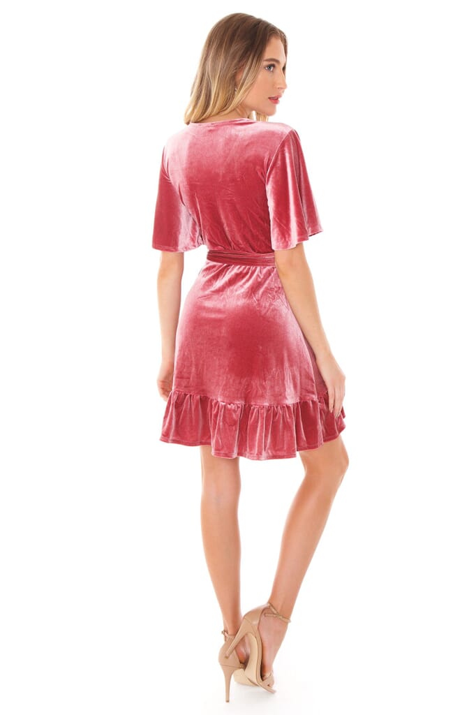 1.STATE Velvet Flutter Sleeve Wrap Dress in Forest Berry