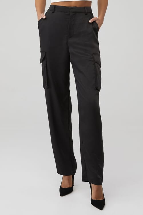 Good American | Washed Satin Cargo Pant in Black001| FashionPass