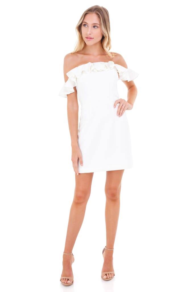 French Connection Whisper Light Off--Shoulder Ruffle Dress in Summer White