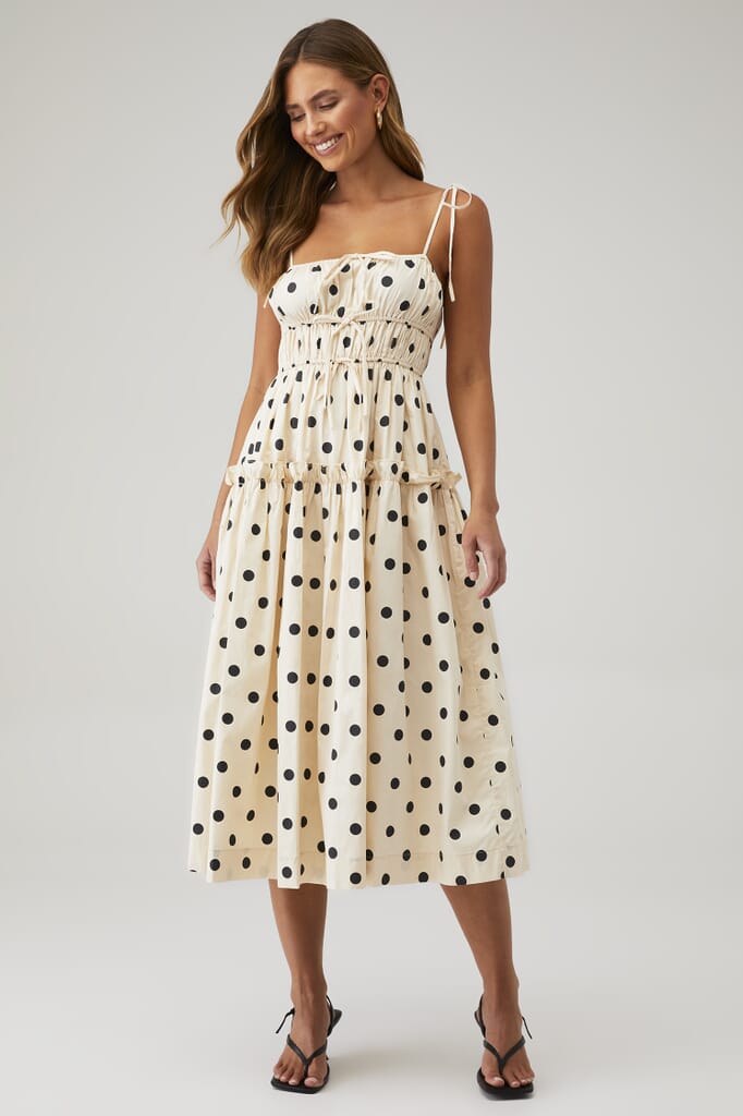 EN SAISON | X Fashionpass Alani Midi Dress in Natural Black Polka Dot| FashionPass EN SAISON | X Fashionpass Alani Midi Dress in Natural Black Polka Dot| FashionPass