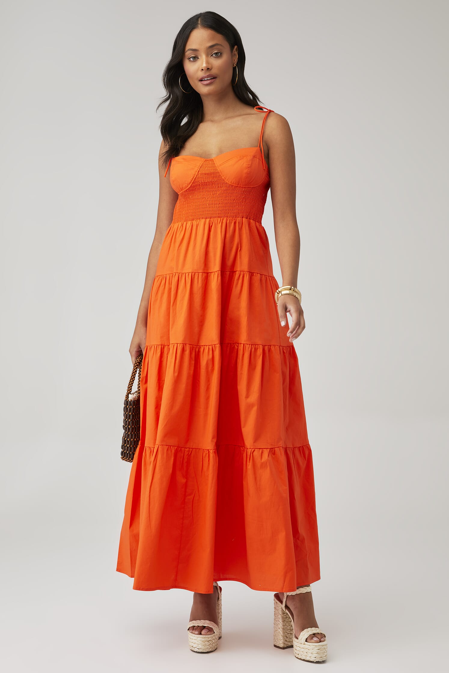 strapless open back dress Ladivine C142 Neon Orange Prom Dress Size 10,14 Long Fitted Shimmer Je –  Glass Slipper Formals main image 1