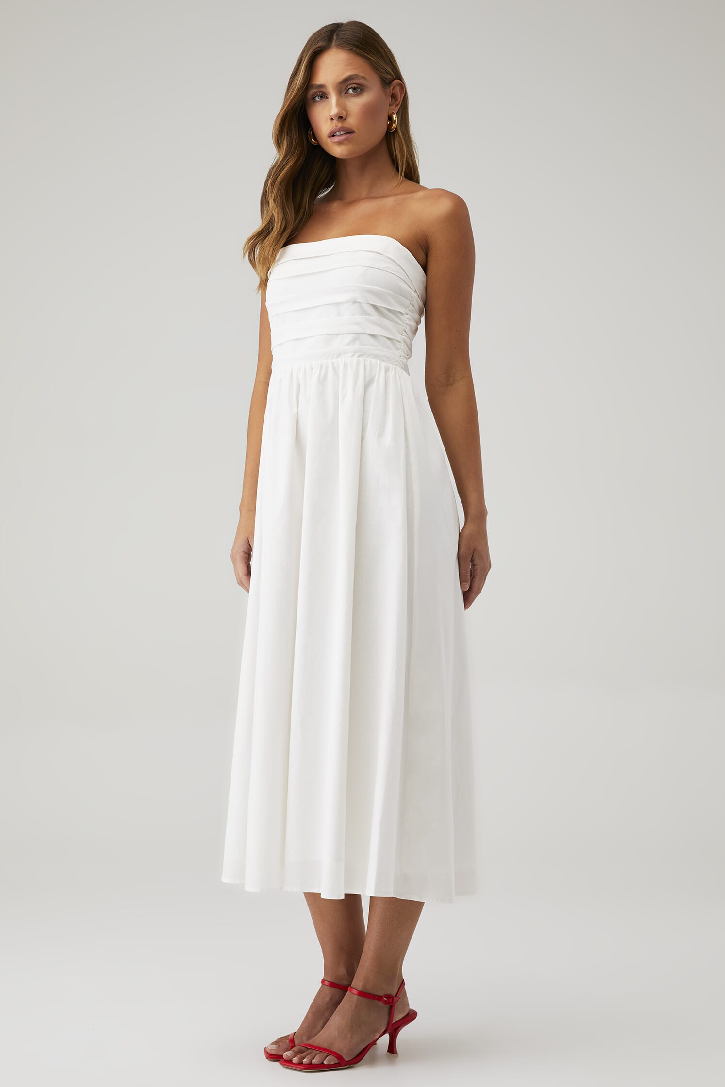 slim fit dress slacks The Amanda Green & Light Blue Stripe Cotton Strapless Midi Dress main image 1
