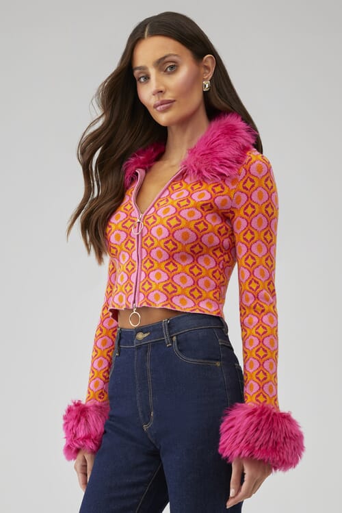 MUMU Show Me Your Mumu | Zermatt Zip Up in Pink Geo Jacquard| FashionPass